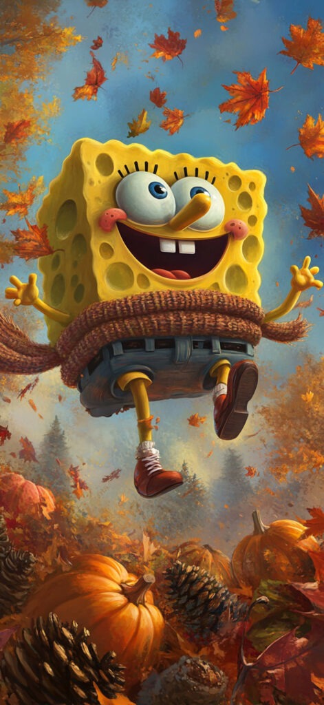 SpongeBob dressed in a cozy scarf, joyfully jumping into a pile of colorful autumn leaves, with pumpkins and a few pinecones scattered around him. 