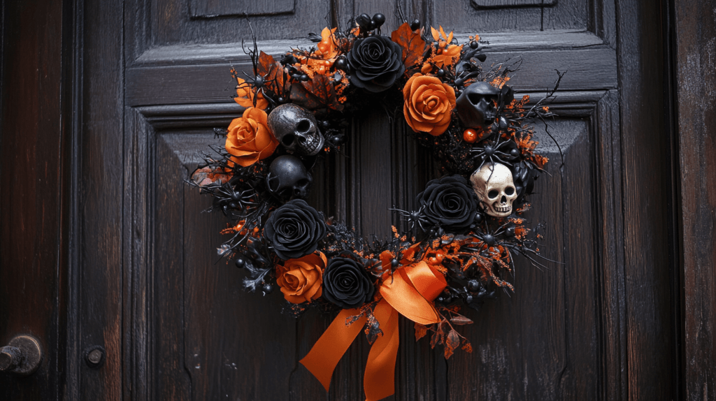 A Halloween-themed wreath hanging on a front door, decorated with black and orange ribbons, plastic spiders, miniature skulls, and faux black roses. The wreath is slightly weathered, adding to the spooky feel, and the background shows a dark wooden door with subtle shadows, creating a creepy yet festive atmosphere. 