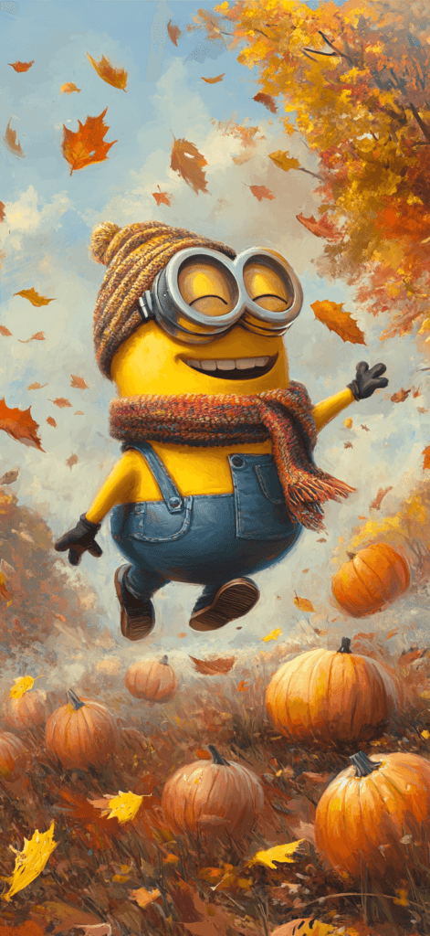 A Minion playing in a field of pumpkins, wearing fall scarf and hat, with colorful fall trees and leaves swirling in the background.