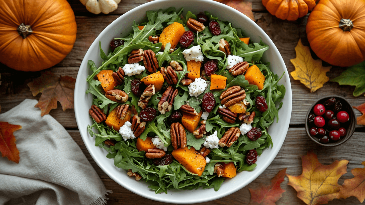 A beautifully arranged Thanksgiving salad in a large white bowl, featuring a mix of fresh arugula, roasted butternut squash, dried cranberries, crumbled goat cheese, and toasted pecans, set on a rustic wooden table surrounded by simple fall decor like small pumpkins, autumn leaves, and a light linen napkin. The colors should be warm and inviting, with the salad's greens, oranges, and reds standing out. No words or text in the image.