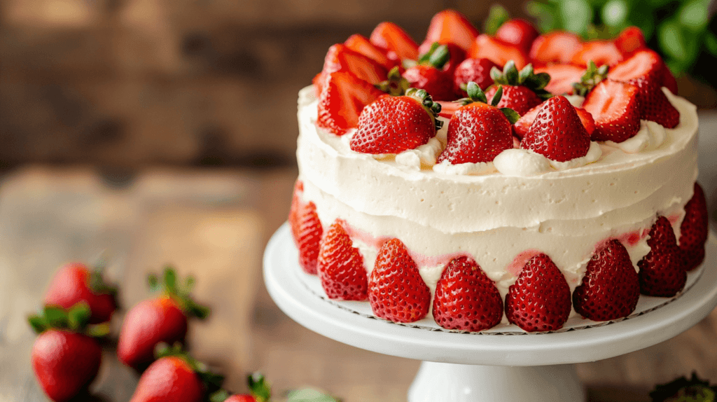 A beautifully baked, round strawberry cake with fluffy cream cheese frosting, topped with fresh sliced strawberries. The cake is set on a simple white cake stand on a wooden table, with a few whole strawberries scattered around the base. The background is soft and light, drawing focus to the vibrant red of the strawberries and the soft texture of the frosting. The overall scene is warm, inviting, and appetizing. 