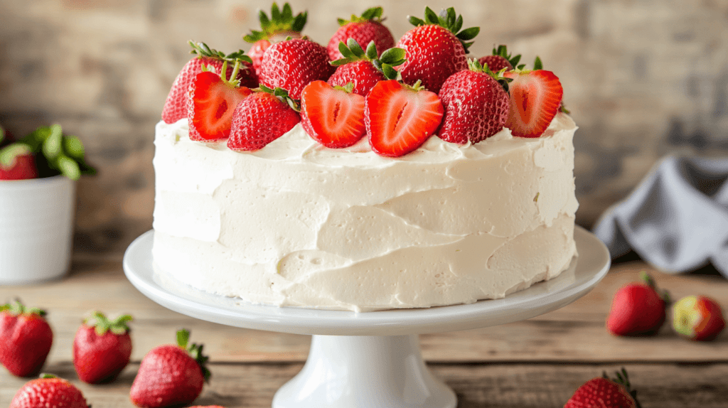 A circular, expertly made strawberry cake with a light cream cheese icing and fresh strawberries sliced on top. A few entire strawberries are strewn around the base of the cake, which is positioned on a plain white cake stand on a wooden table. The delicate and light background draws attention to the frosting's delicate texture and the strawberries' vivid red color. All in all, the scene is cozy, pleasing, and welcoming. 