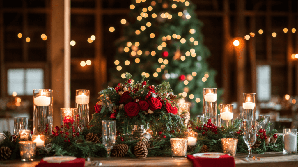 A beautifully set Christmas wedding reception table inside a rustic venue. The table features elegant candles, evergreen sprigs, pinecones, and red roses as centerpieces. Twinkling fairy lights hang above, creating a warm glow. Behind the table is a large, decorated Christmas tree with glowing lights and ornaments. The scene feels cozy and festive, with a touch of winter magic.