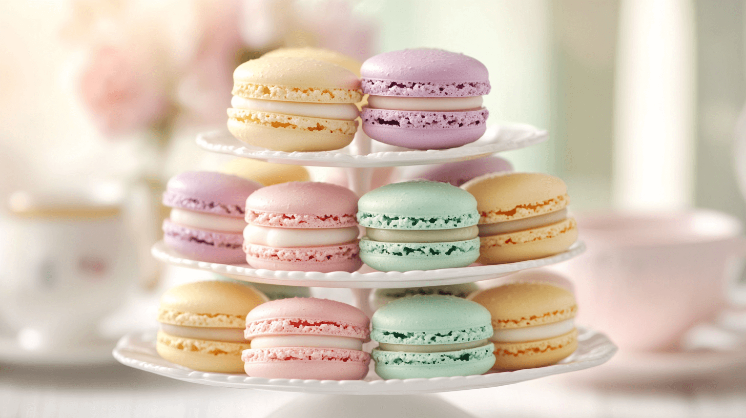 A bright and colorful assortment of macarons neatly arranged on a delicate, tiered serving tray. The macarons come in pastel shades like pink, lavender, mint green, and pale yellow, each with a smooth, glossy shell and a soft filling. The tray is set on a simple, elegant table with soft natural lighting, and a teacup and teapot in the background, hinting at a tea party setting. The overall scene feels light, whimsical, and inviting. Tea party snacks
