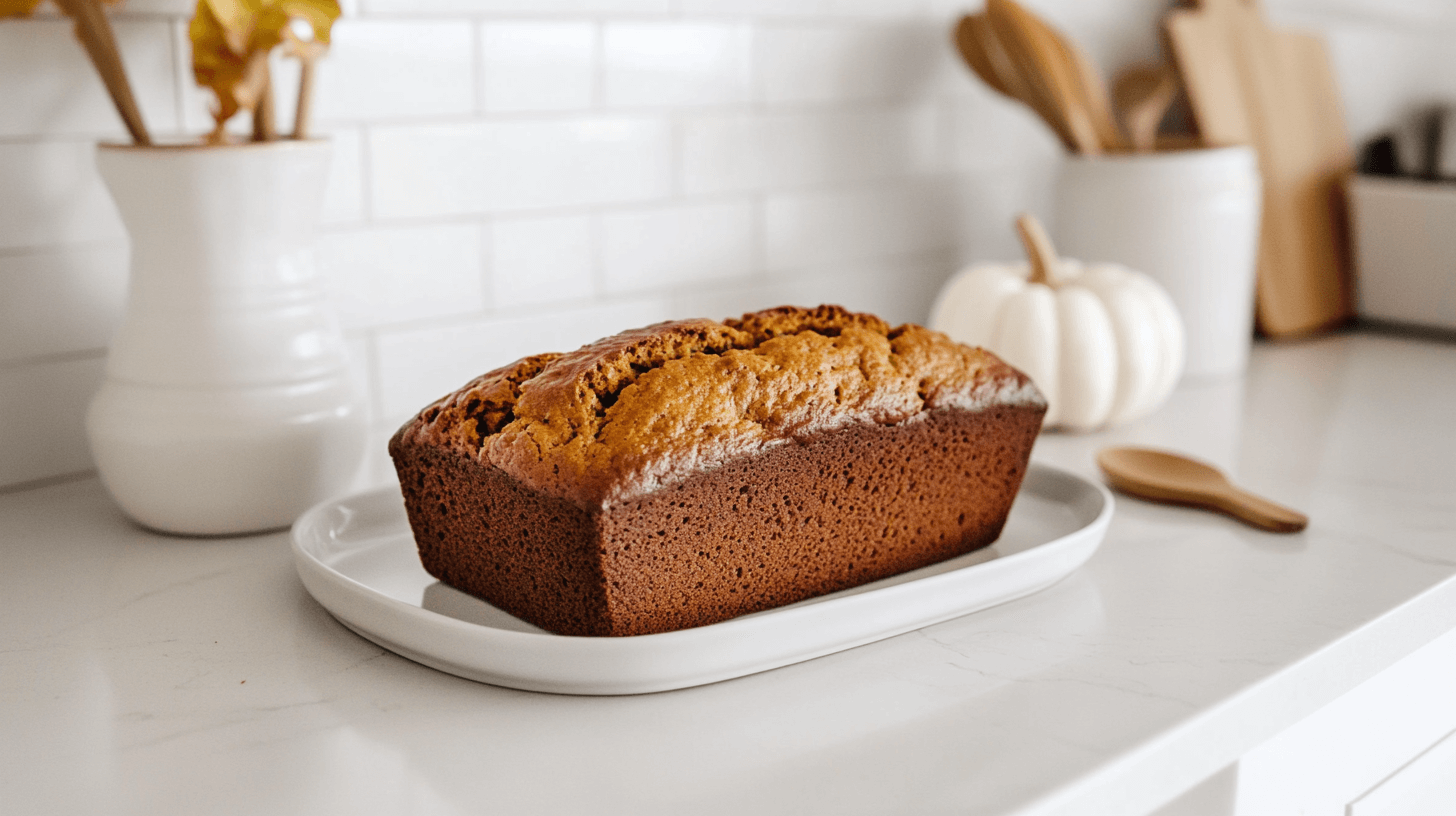A bright, modern white kitchen with clean countertops and soft, natural lighting. On the counter is a freshly baked pumpkin banana bread loaf on a simple white plate. The bread is perfectly golden, with a few slices cut to show the moist, spiced inside. Next to the loaf are minimalistic fall touches, like a small white pumpkin and a light wooden spoon, keeping the scene simple and clean.