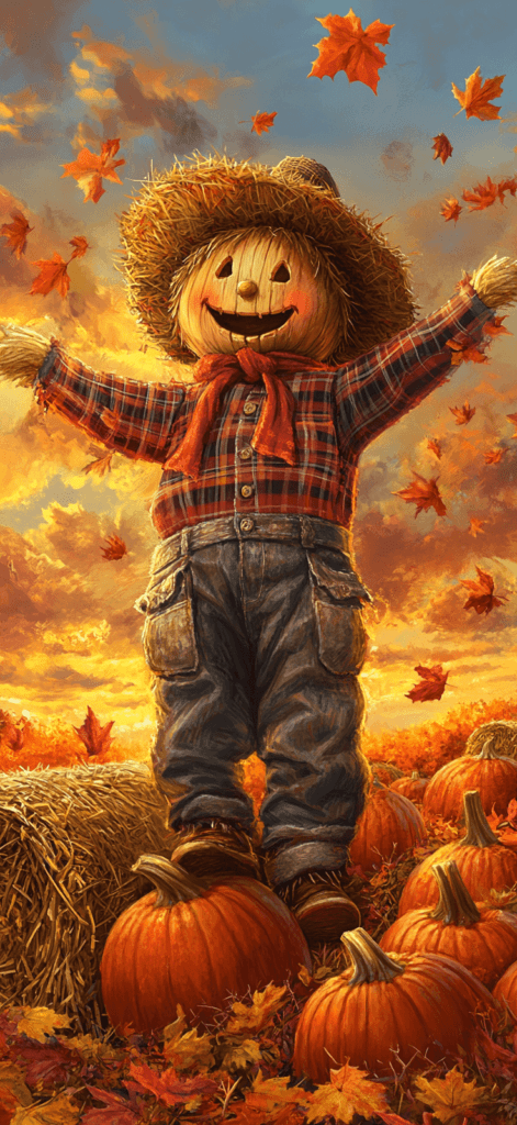 A cheerful scarecrow dressed in a plaid shirt and straw hat, standing in a pumpkin patch surrounded by bright orange pumpkins, hay bales, and vibrant autumn leaves, with a golden sky at sunset.