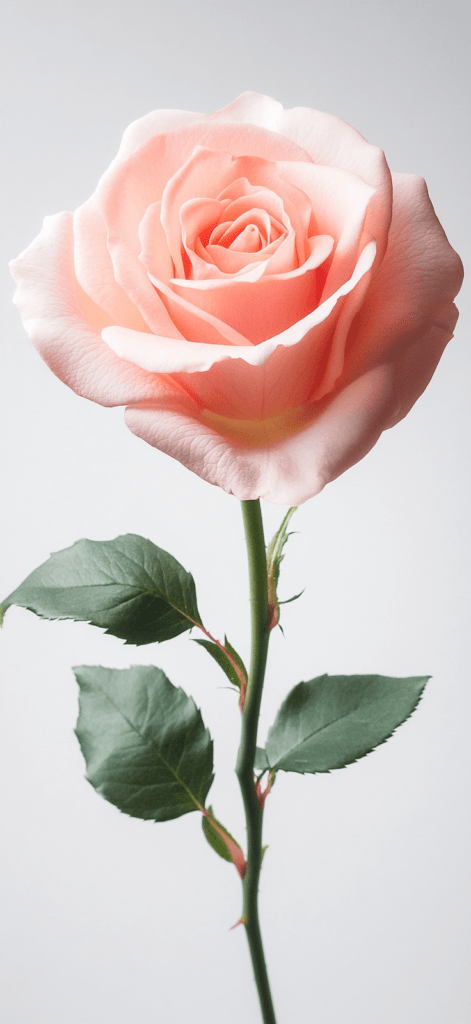 pink rose with a green stem on a white background; wallpaper roses