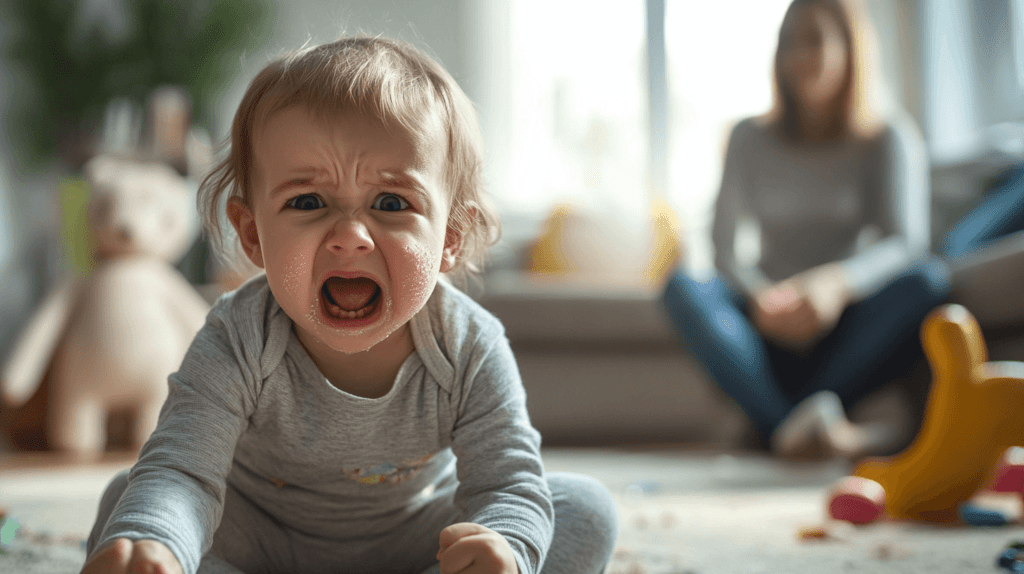 A close-up scene of a toddler in the middle of a tantrum, sitting on the floor with their face scrunched up in frustration. Tears are rolling down their cheeks, and their small fists are clenched. The toddler is wearing casual clothes, sitting in a brightly lit living room with soft toys scattered around. The background shows a parent nearby, calmly observing, ready to help but giving the child space to express their emotions. The overall mood captures the intensity of the toddler's emotions but with a sense of patience and understanding.