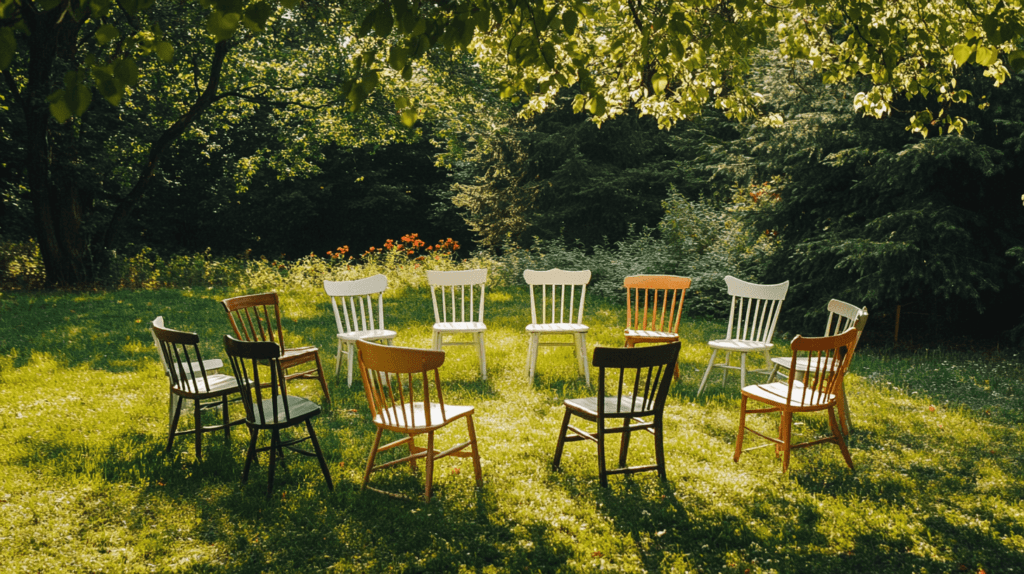 A colorful outdoor scene featuring an arrangement of chairs in a circle on a grassy lawn. The chairs are a mix of neutral colors like white, light wood, dark wood, and tan, all mismatched and slightly different in style. They are placed closely together in the center of an open, sunny field with a few scattered flowers. In the background, there are trees casting light shadows, with soft sunlight filtering through the leaves. The chairs look ready for a fun round of musical chairs, evoking a playful and cheerful atmosphere. 