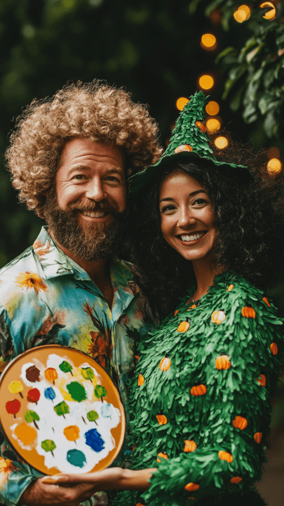 Bob Ross and a Happy Little Tree Costume: A couple dressed in a fun, light-hearted Halloween costume. One person is dressed as Bob Ross, complete with a curly wig, beard, and a painter's palette, while the other is wearing a full green tree costume decorated with little painted 'happy trees.'