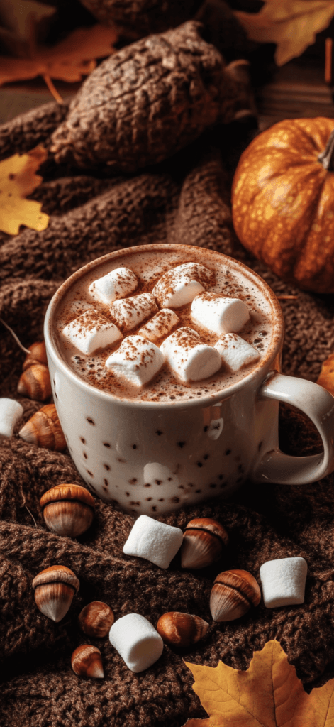A cozy cup of hot chocolate with marshmallows, surrounded by autumn leaves and acorns. 