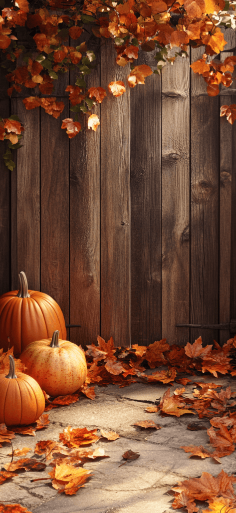 A cozy fall scene with pumpkins and autumn leaves scattered on the ground, set against a wooden fence.