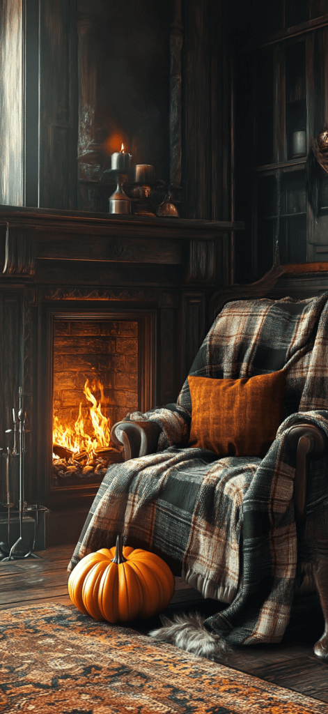 A cozy fireplace scene with a plaid blanket draped over a chair, and a pumpkin sitting on the hearth. 