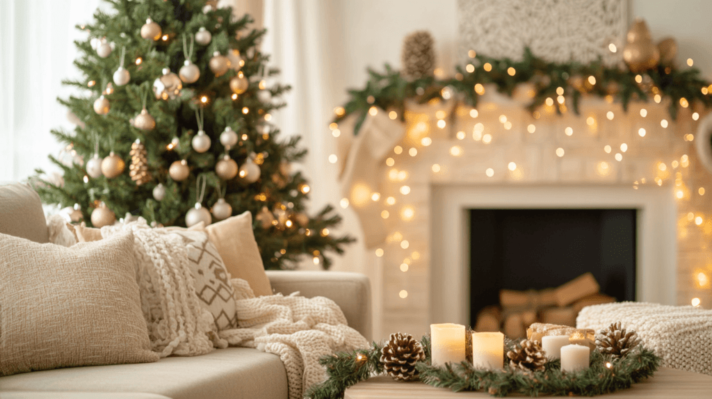 A cozy living room decorated for Christmas with a warm, rustic feel. A simple green Christmas tree adorned with white and gold ornaments stands in the corner. The mantel above a fireplace is decorated with a garland of greenery and twinkling lights. A plush sofa with neutral-colored throw pillows and a soft blanket sits nearby. Pinecones and candles are placed on the coffee table, and string lights softly illuminate the space, creating a peaceful, festive atmosphere.