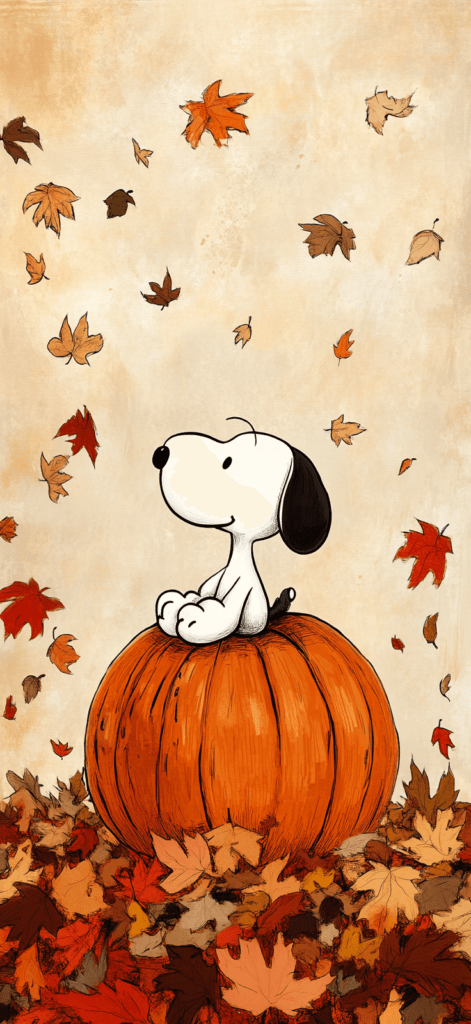 A cute illustration of Snoopy sitting on a pumpkin, surrounded by scattered fall leaves. 
