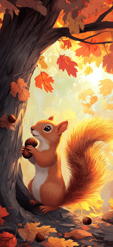 A cute illustration of a squirrel gathering acorns beneath a tree with vibrant fall foliage.