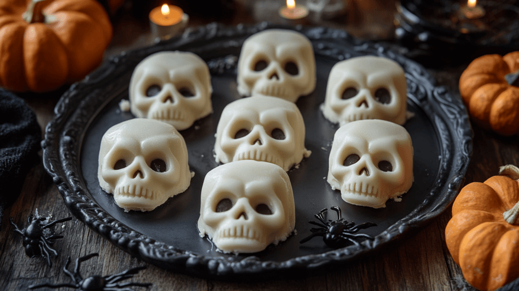 A dark platter featuring individual skull-shaped cheesecakes, each detailed with hollow eyes and a grinning mouth. The creamy cheesecakes are slightly glossy, with the skull shapes perfectly defined. The platter sits on a rustic wooden table, surrounded by Halloween decorations like mini pumpkins, flickering candles, and eerie plastic spiders, creating a spooky yet elegant atmosphere.