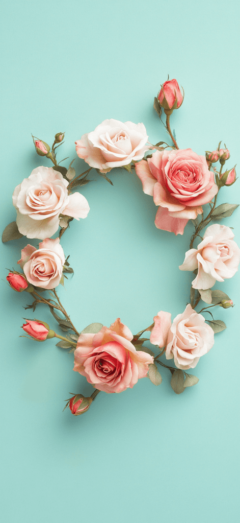 rose wreath on an aqua background