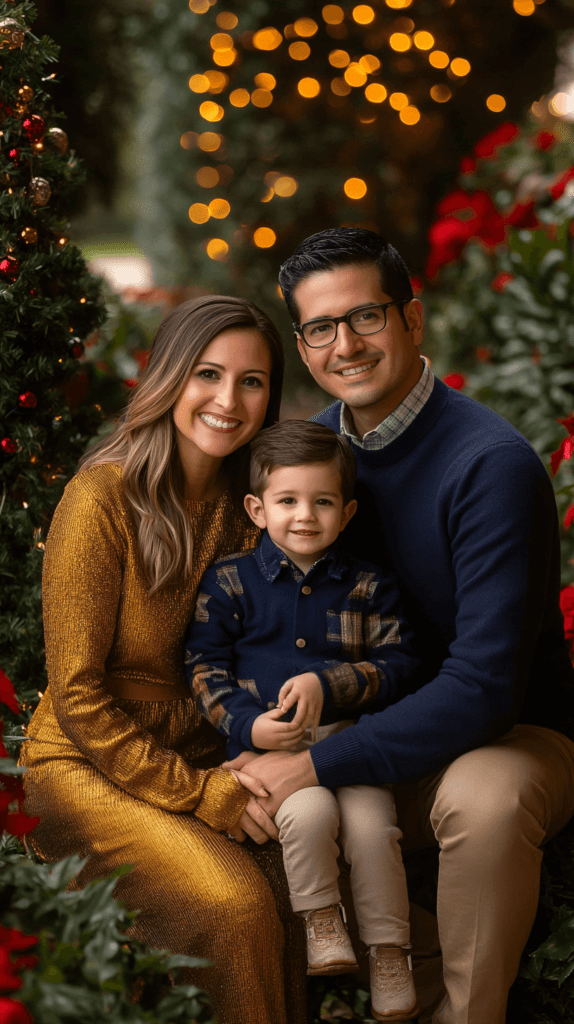 family of three wearing navy and gold Christmas attire