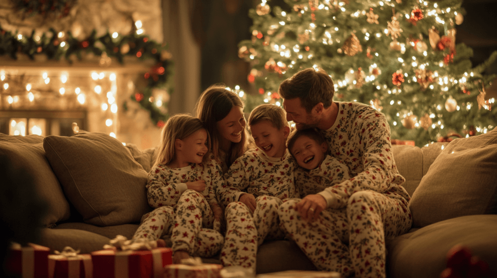 family of five on the couch in Christmas pajamas in low light
