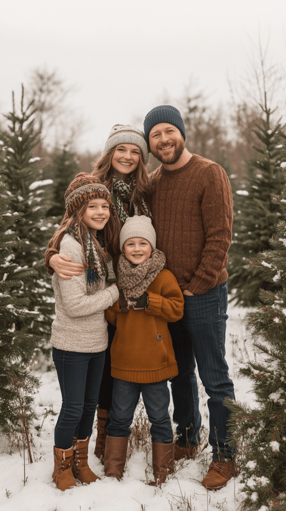 family of four in the snow at a Christmas tree farm