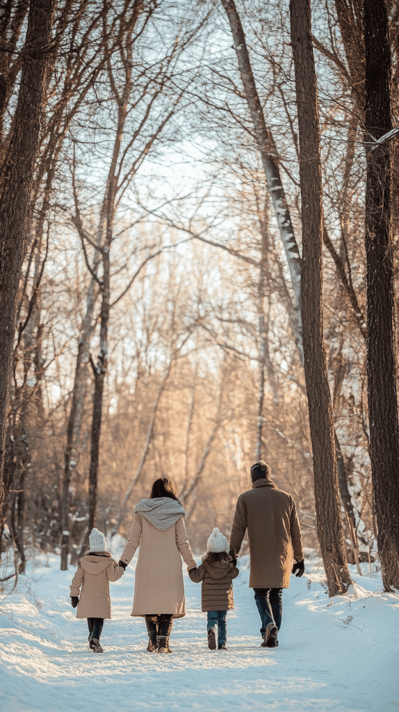 family of four walking hand in hand in the snow