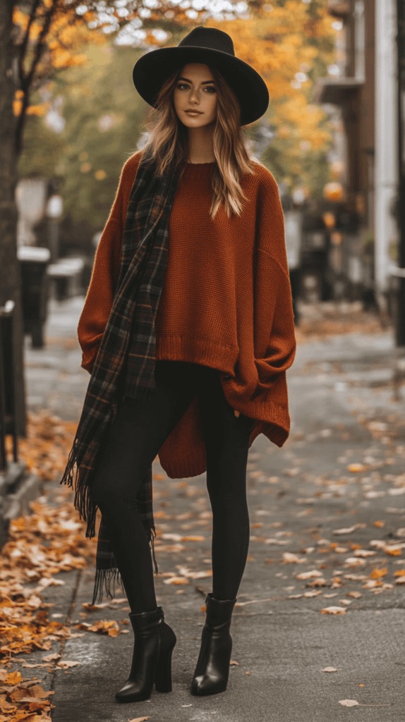 real photo of a woman in a deep orange oversized sweater paired with black leggings and sleek ankle boots. She accessorizes with a black wide-brim hat and a dark plaid scarf, giving a subtle nod to Halloween. fall background