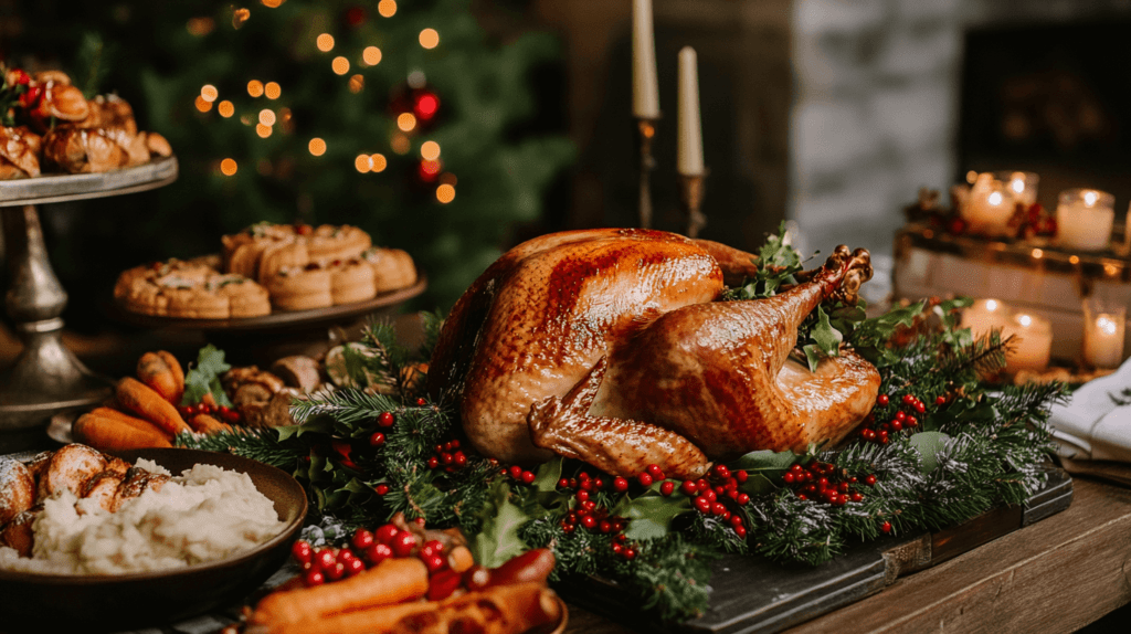 A festive Christmas wedding dinner table featuring a roasted turkey as the centerpiece, surrounded by traditional sides like roasted vegetables and mashed potatoes. The table is adorned with simple holiday touches like evergreen sprigs, red berries, and warm candlelight. A few Christmas cookies and a yule log cake are set nearby, ready for dessert, creating a cozy and inviting holiday feast atmosphere. 