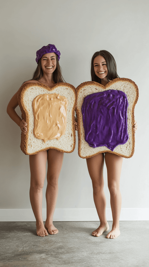 Peanut Butter and Jelly Couple Costume: A fun and playful image of a couple wearing peanut butter and jelly sandwich costumes. One person is dressed as the peanut butter half, with tan-colored bread, and the other as the jelly half, with a purple jelly smear. They are standing side by side, smiling.