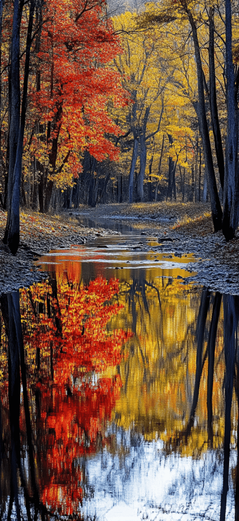 A gentle fall scene of a river running through a forest with colorful fall trees reflected in the water.