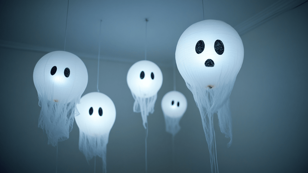 A group of glowing ghost balloons floating indoors, each balloon covered in white cheesecloth with simple black ghost faces drawn on them. The balloons emit a soft glow from inside, casting an eerie light in a dimly lit room. Clear string suspends the balloons from the ceiling, creating the illusion that they are floating in mid-air. The background is simple, allowing the glowing ghost balloons to stand out as the main focus. --ar 16:9