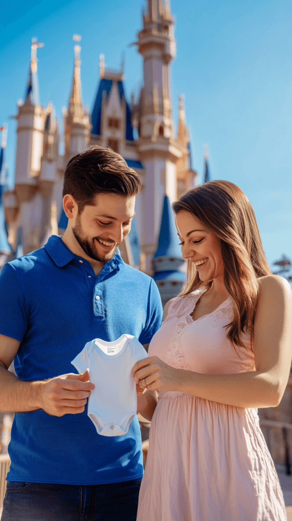 A happy couple standing in front of Cinderella’s Castle at Disney World, man wearing blue, woman wearing pink. The woman holds a white baby onesie, while the man smiles and looks down at the baby onesie. The background shows the iconic castle with a clear blue sky. 