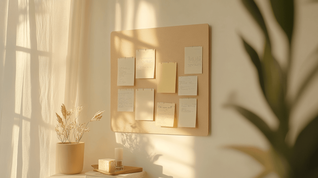 prayer board ideas; A minimalist prayer board on a wall, featuring soft, neutral tones. The board has a few neatly pinned sticky notes and index cards, each with hand-written prayers. A small set of flip cards hangs on a binder ring in one corner, with soft natural light illuminating the space. Surrounding the board are simple touches like a small potted plant and a candle, giving the image a calm, peaceful, and organized atmosphere.