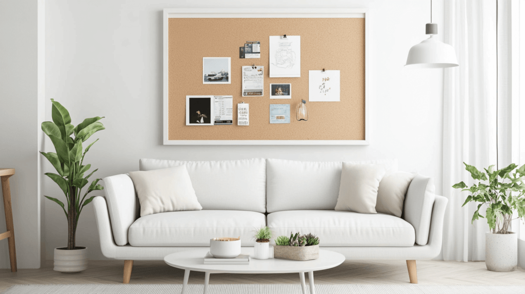 A modern, clean white living room with a corkboard surrounded by a white frame. The corkboard is decorated with a few colorful photos, ticket stubs, and small mementos, with no text or words on the corkboard. The room is minimalistic with white walls, a simple couch, and a coffee table, creating a bright and uncluttered space. The focus is on the corkboard, highlighting its simplicity and the personal touches it adds to the modern decor.