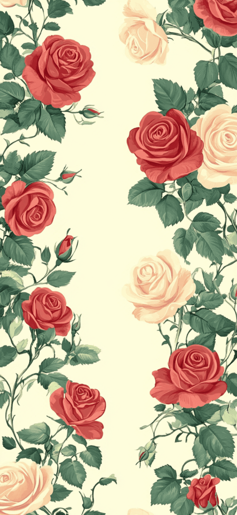 hand drawn red and yellow roses on pale yellow background