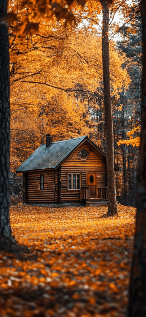 wooden cabin in a fall forest