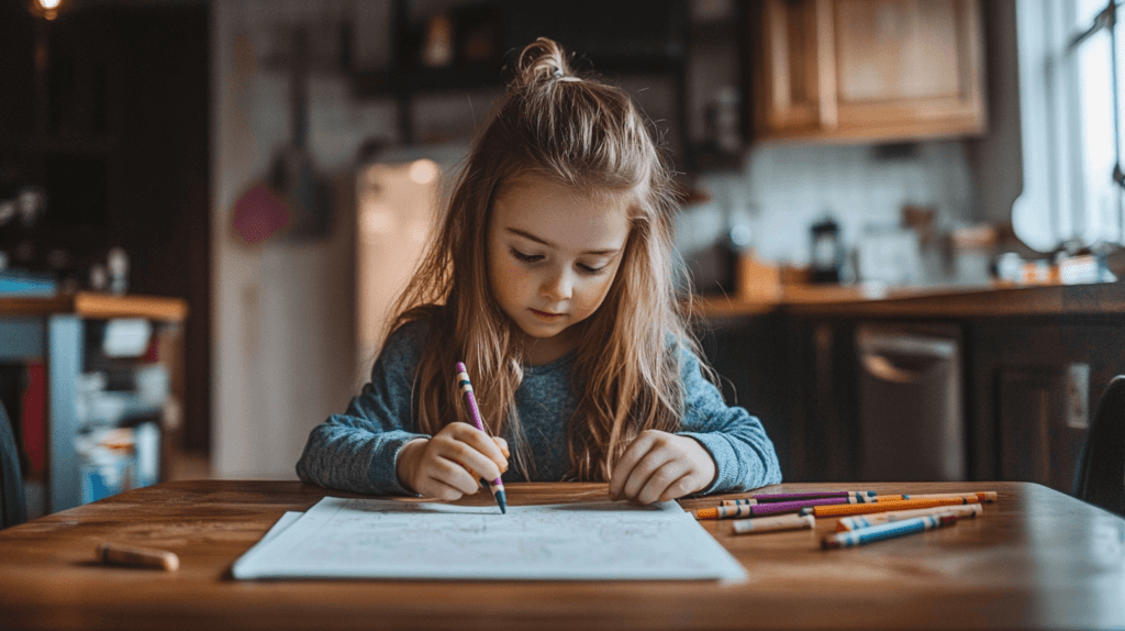 A photo of a young girl sitting at a wooden kitchen table, focused on coloring with crayons. The table is simple, with a few scattered crayons and a coloring book in front of her. The kitchen in the background is warm and inviting, with soft lighting and simple decor, creating a cozy and relaxed atmosphere. The girl is happily engaged in her artwork, with a look of concentration on her face.