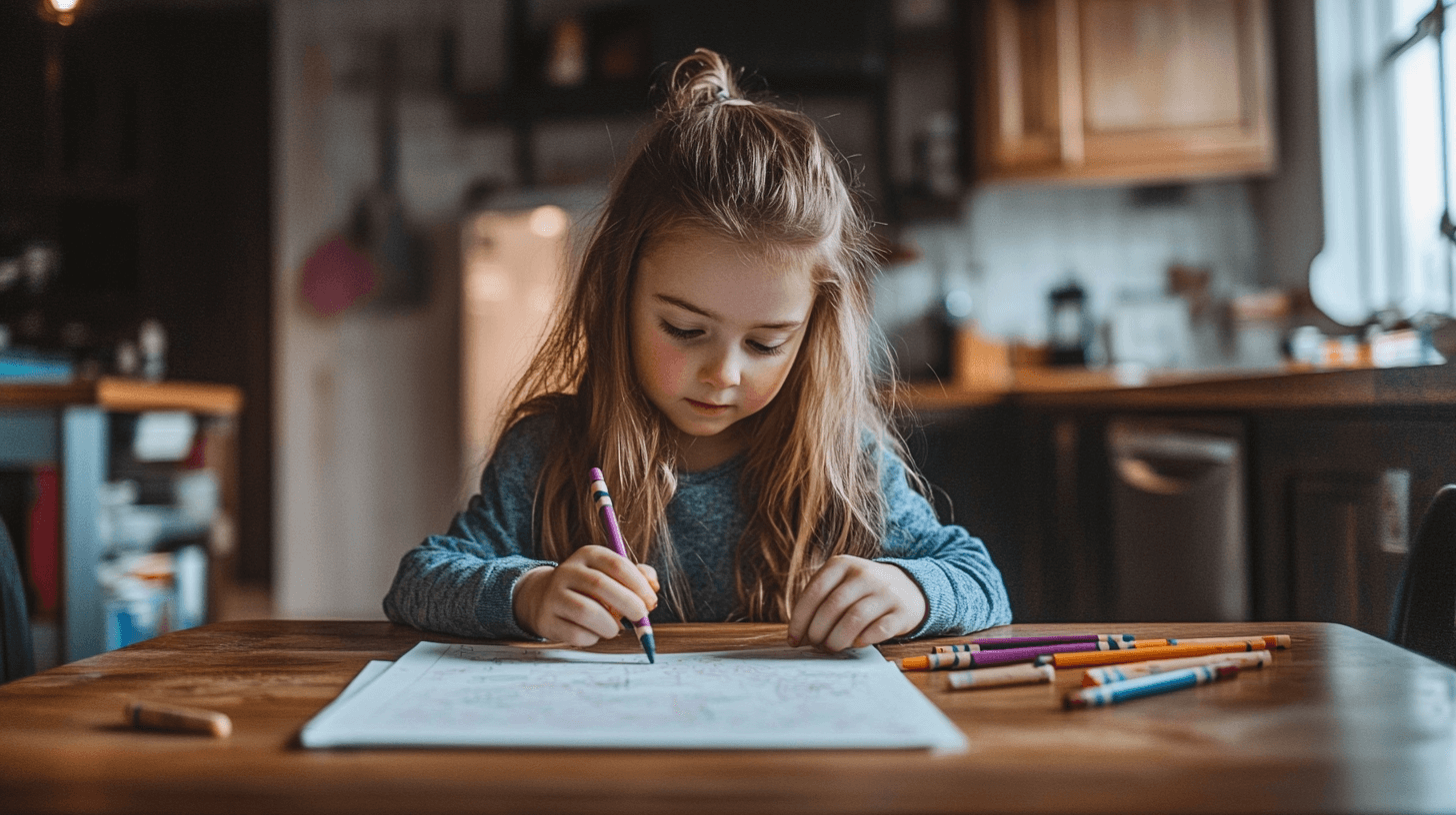 A photo of a young girl sitting at a wooden kitchen table, focused on coloring with crayons. The table is simple, with a few scattered crayons and a coloring book in front of her. The kitchen in the background is warm and inviting, with soft lighting and simple decor, creating a cozy and relaxed atmosphere. The girl is happily engaged in her artwork, with a look of concentration on her face. Parenting hacks.