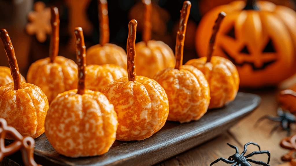 A platter of mini pumpkin-shaped cheese balls, rolled in crushed orange crackers to give them a pumpkin-like appearance, each topped with a straight mini pretzel stick carefully placed as the stem. The pretzel sticks stand out, adding a rustic touch to the festive look of the cheese balls. The platter is placed on a wooden table surrounded by Halloween decorations like plastic spiders and mini pumpkins for a festive touch. 