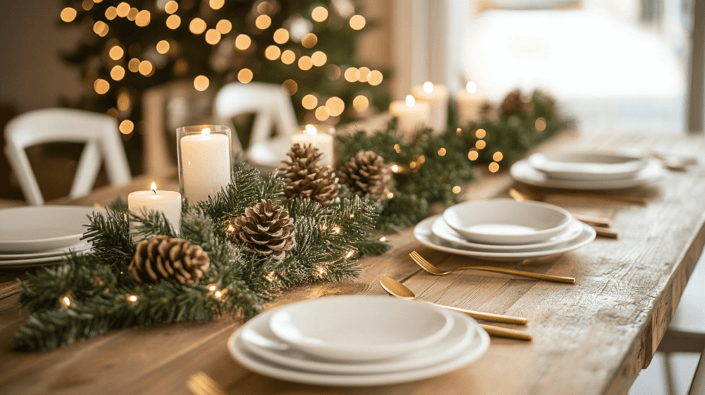 A rustic wooden dining table decorated for Christmas with a centerpiece of evergreen branches, pinecones, and white candles. The table is set with simple white plates, gold utensils, and natural linen napkins. Soft, warm string lights hang in the background, casting a cozy glow over the room. Christmas decor ideas.