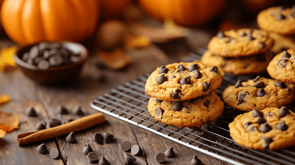 pumpkin chocolate chip cookies; A rustic wooden table with a batch of pumpkin chocolate chip cookies cooling on a wire rack. Some cookies are stacked, while others are scattered around. A small bowl of chocolate chips and a cinnamon stick are placed nearby for a fall vibe. The background has soft, blurred pumpkins and autumn leaves, creating a cozy and seasonal atmosphere. Warm lighting highlights the freshly baked cookies.
