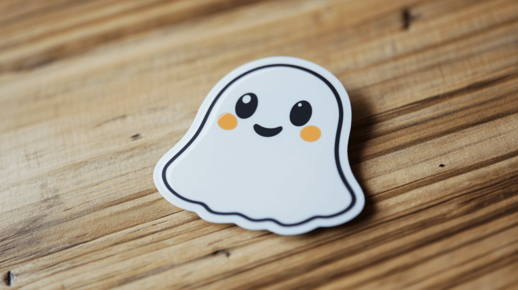 A single Halloween-themed sticker featuring a cute ghost, lying flat on a wooden table with soft natural lighting. Halloween school treats.