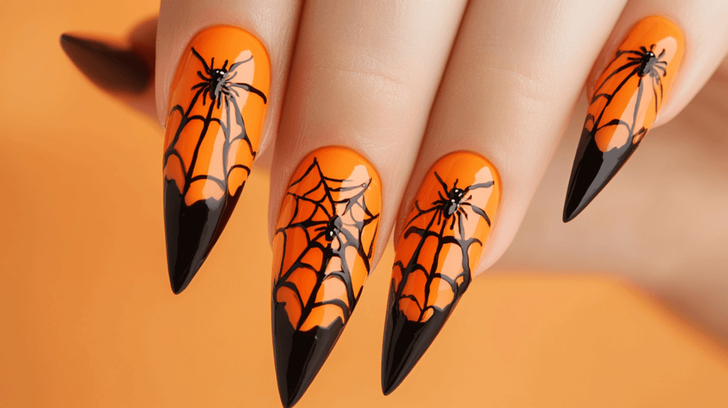 A single female hand with stiletto-shaped Halloween acrylic nails featuring black spider webs on an orange background, with a small black spider accent near the cuticle.