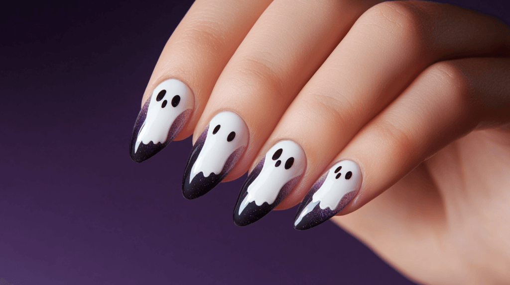 halloween acrylic nails with ghosts on each nail