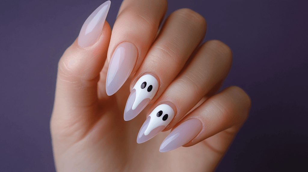 A single manicured female hand with almond-shaped Halloween acrylic nails featuring a simple white ghost design on a dark purple background.