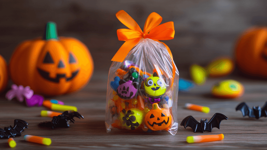 A small, clear cellophane Halloween treat bag filled with a mix of colorful Halloween-themed items such as plastic spiders, mini glow sticks, and Halloween stickers, tied at the top with an orange ribbon, sitting on a wooden table surrounded by playful, non-candy items like erasers shaped like pumpkins and small toy bats.