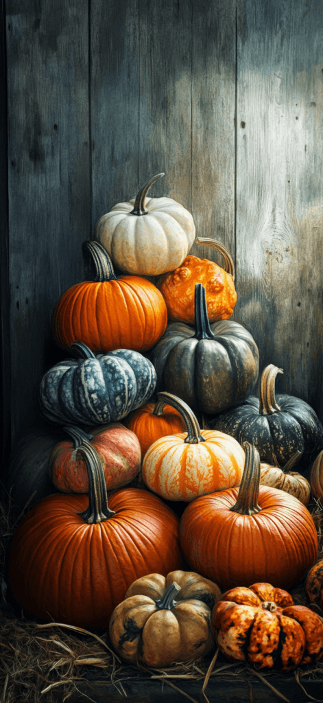 A soft-focus image of a pile of pumpkins and gourds in various colors and sizes against a barn wall.