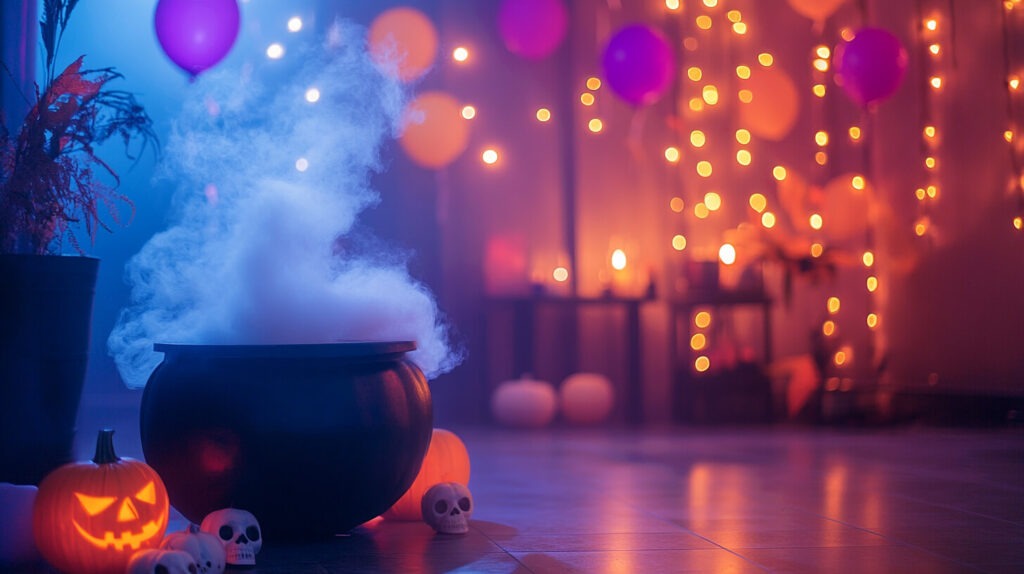 A spooky Halloween party setup with dim lighting, featuring a black cauldron with dry ice fog, glowing ghost balloons hanging from the ceiling, orange and purple string lights in the background, and a table decorated with small pumpkins, plastic skulls, and flickering candles. The setting is indoors, with eerie shadows cast on the walls from the low light.