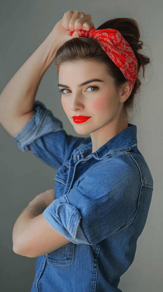 Rosie the Riveter: A strong woman wearing a denim button-up shirt with the sleeves rolled up, a red bandana tied around her hair, and bright red lipstick. She is posing with her arm flexed, showing a determined expression.
