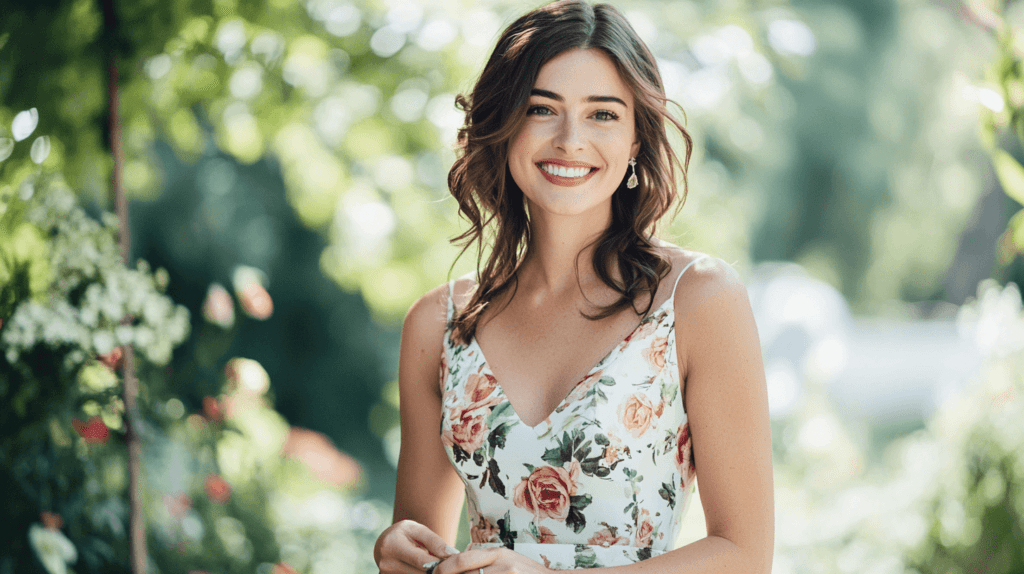 A stylish woman wearing a midi floral dress, standing outdoors at a wedding venue with soft, natural lighting. She is smiling and holding a small clutch, with a garden backdrop featuring greenery and delicate flowers, creating an elegant and relaxed atmosphere.
